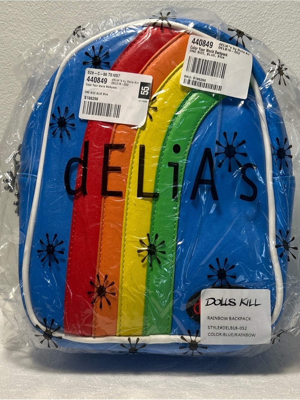 NWT dELiA*s by Dolls Kill Color Your World Rainbow Mini Backpack Blue Y2K Retro
